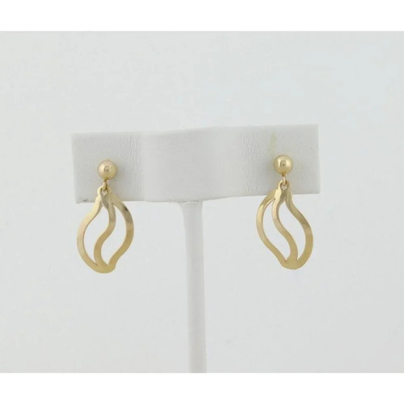 14k Yellow Gold Wave Earrings Modernist Dangle Drop - Picture 3 of 7